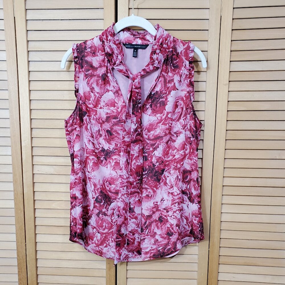 WHBM Floral Tie Neck Shell Blouse M - Picture 5 of 9